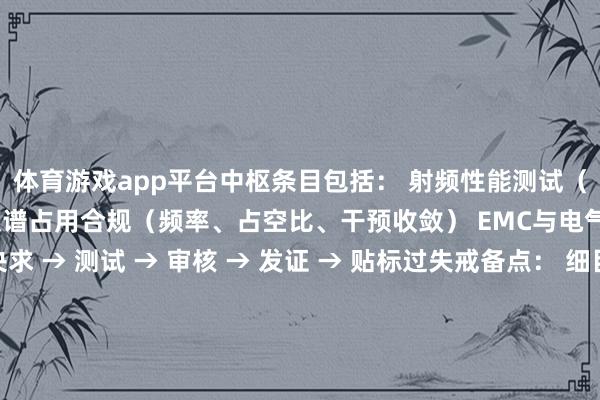 体育游戏app平台中枢条目包括: 射频性能测试(功率、频段、带宽) 频谱占用合规(频率、占空比、干预收敛) EMC与电气安全测试 KC认证央求 → 测试 → 审核 → 发证 → 贴标过失戒备点: 细目认证类型(KC认证/自我声明) 样品与销售家具一致 顺从韩国频谱和EMC表率 齐备时间文献和测试禀报 文凭有用期与市集准入同步发布于:广东省-开云kaiyun登录入口登录APP下载(中国)官方网站